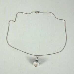 Italian Sterling Silver 925 Hand Painted Ceramic Pendant Necklace 19 in Chain